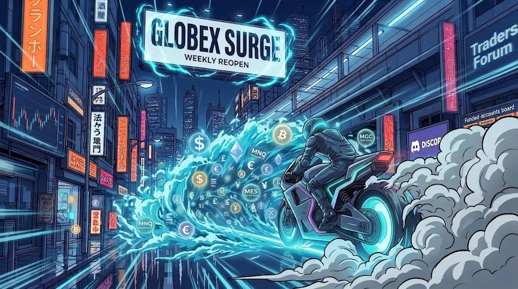 Globex Surge - a rider on a neon motorcycle outpacing a swirling tunnel of currency symbols down a rain-slick Tokyo street at night