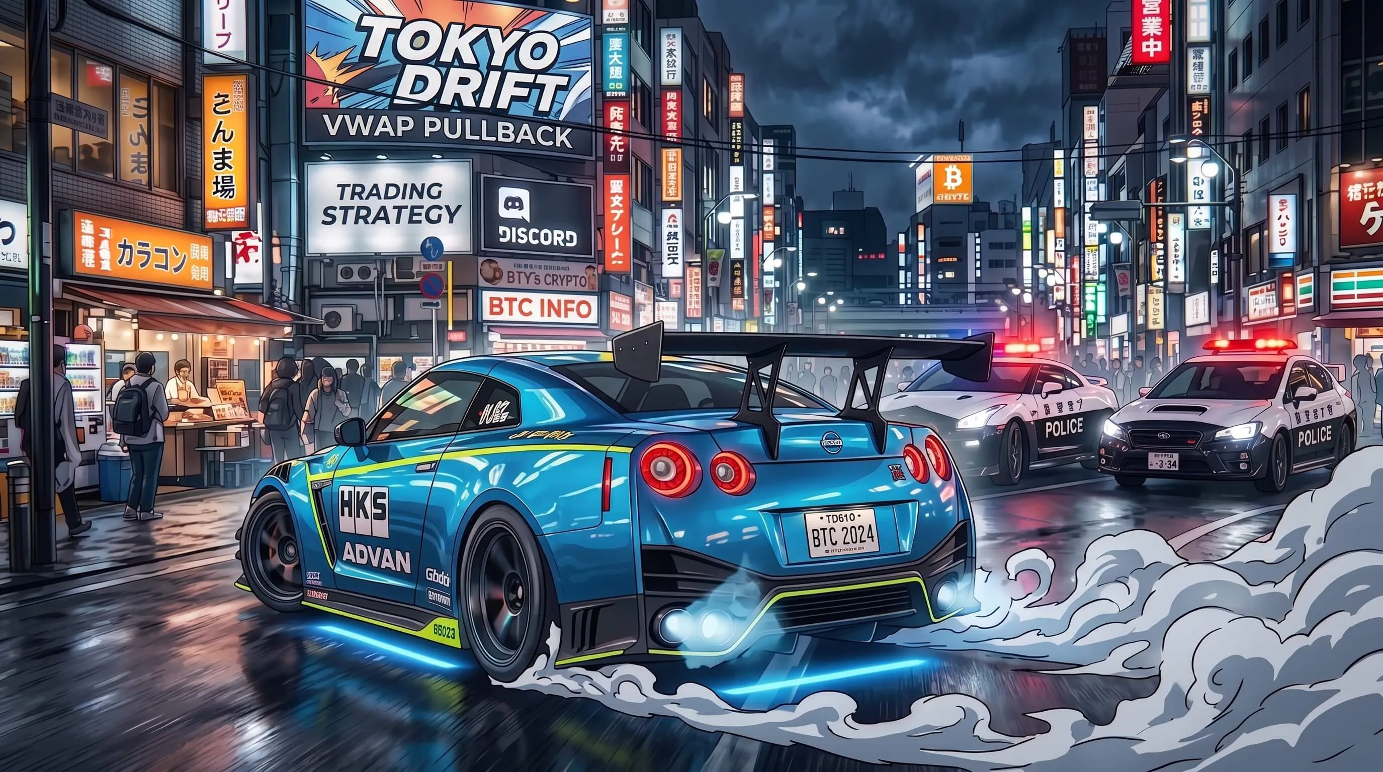 Tokyo Drift - a tuned GT-R drifting through a neon-lit Tokyo street at night