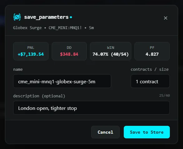 HyperNull’s Save window over the Strategy Tester, with the set’s net profit, drawdown, win rate and profit factor