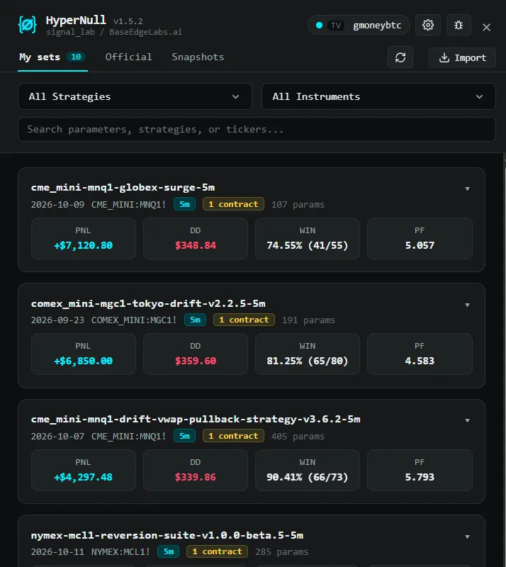 The HyperNull drawer listing saved sets with their results