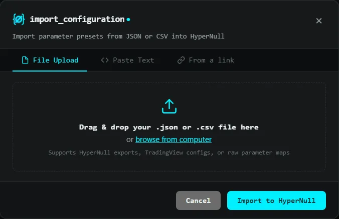 The import window: a file, pasted text or a link